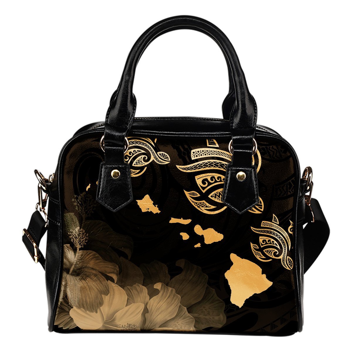 Hawaii Hibiscus Map Polynesian Ancient Gold Turtle Shoulder Handbag One Size Gold - Polynesian Pride
