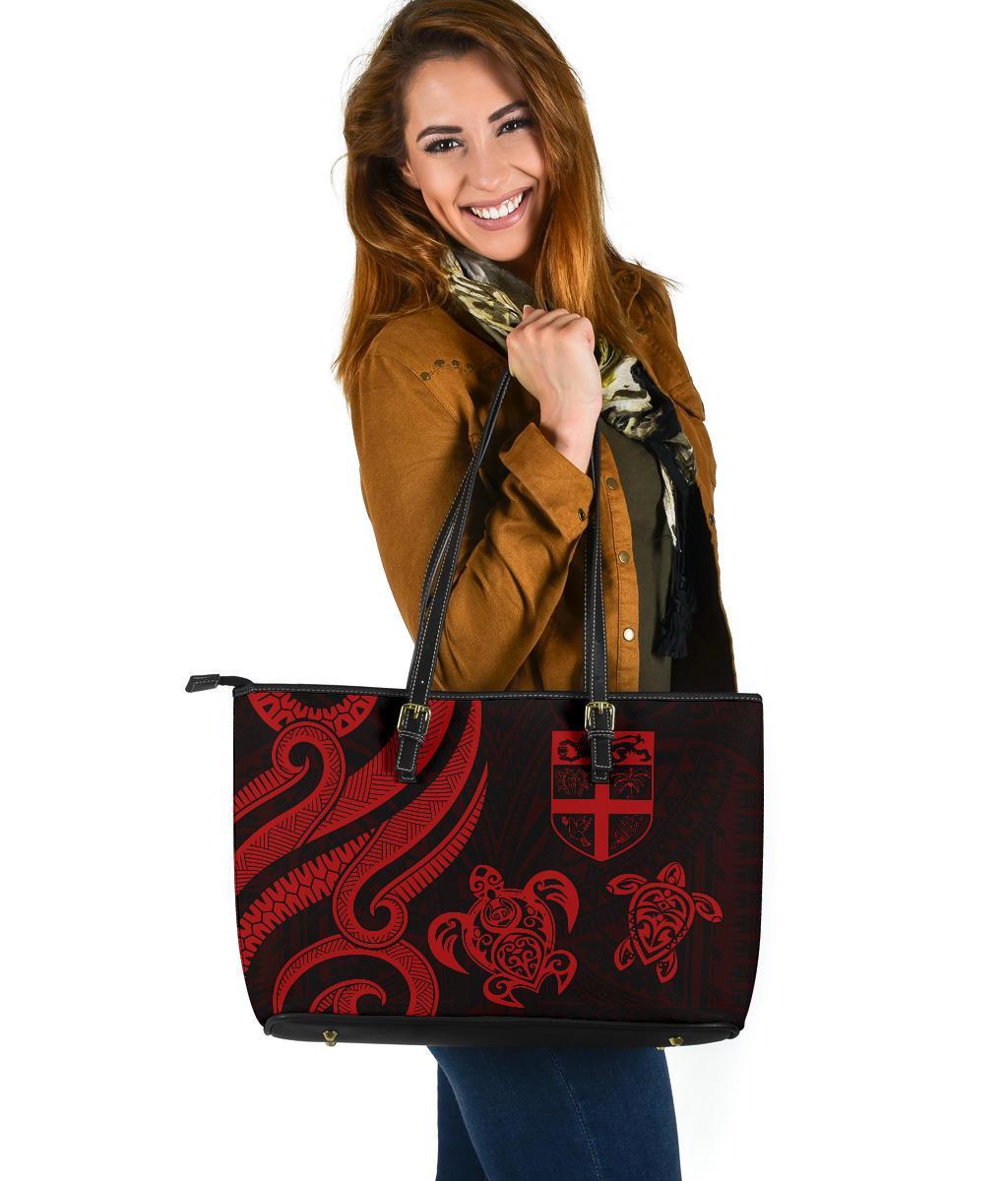 Fiji Polynesian Large Leather Tote Bag - Red Tentacle Turtle Red - Polynesian Pride