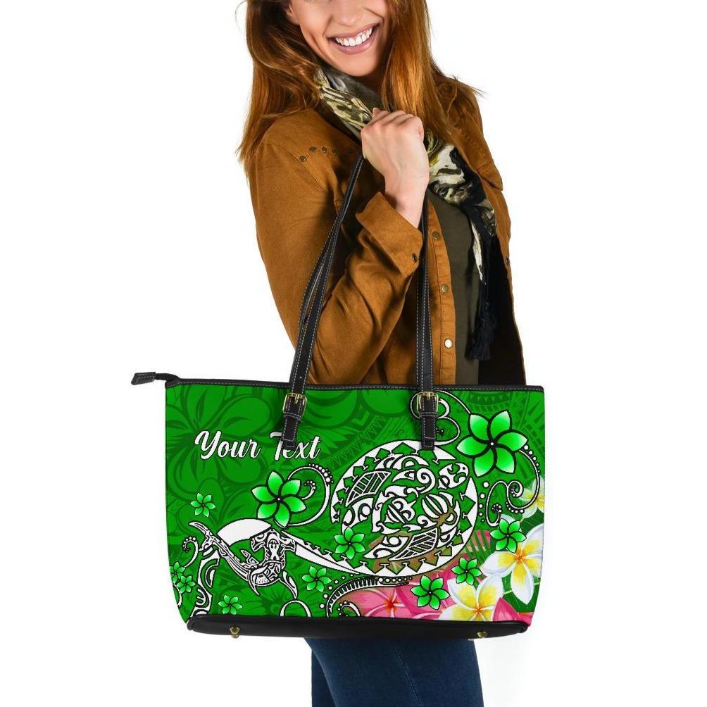 Tahiti Custom Personalised Large Leather Tote Bag - Turtle Plumeria (Green) Green - Polynesian Pride