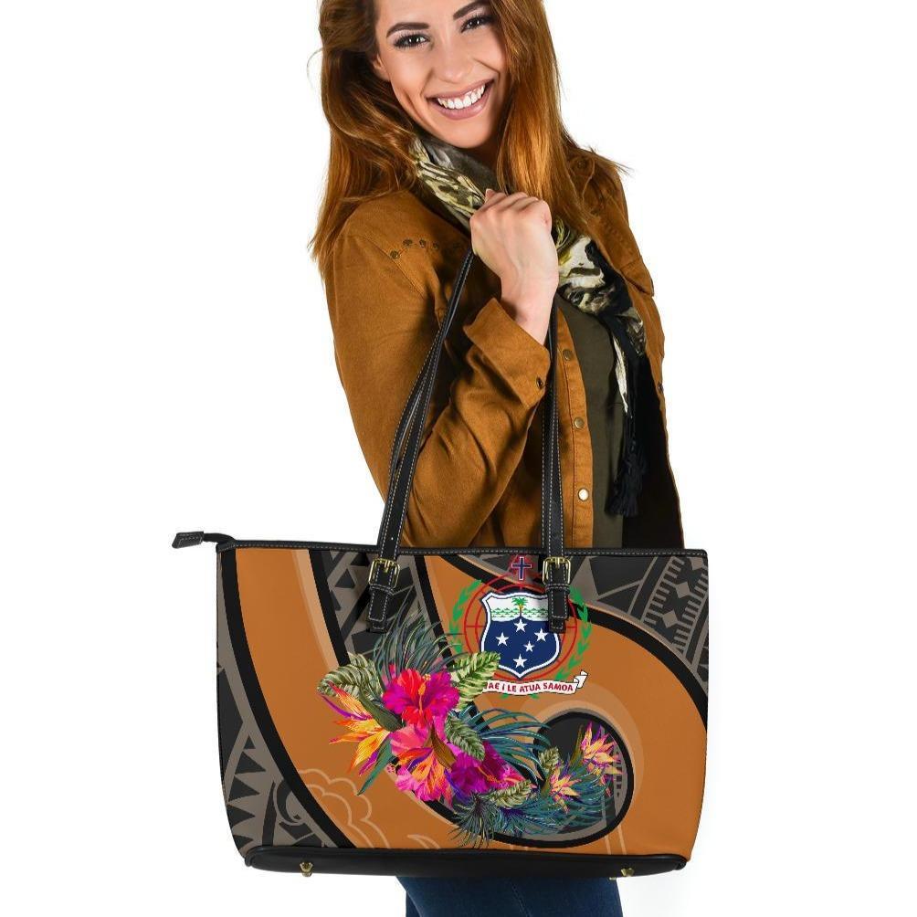 Samoa Large Leather Tote Bag - Polynesian Hook And Hibiscus (Nude) Nude - Polynesian Pride