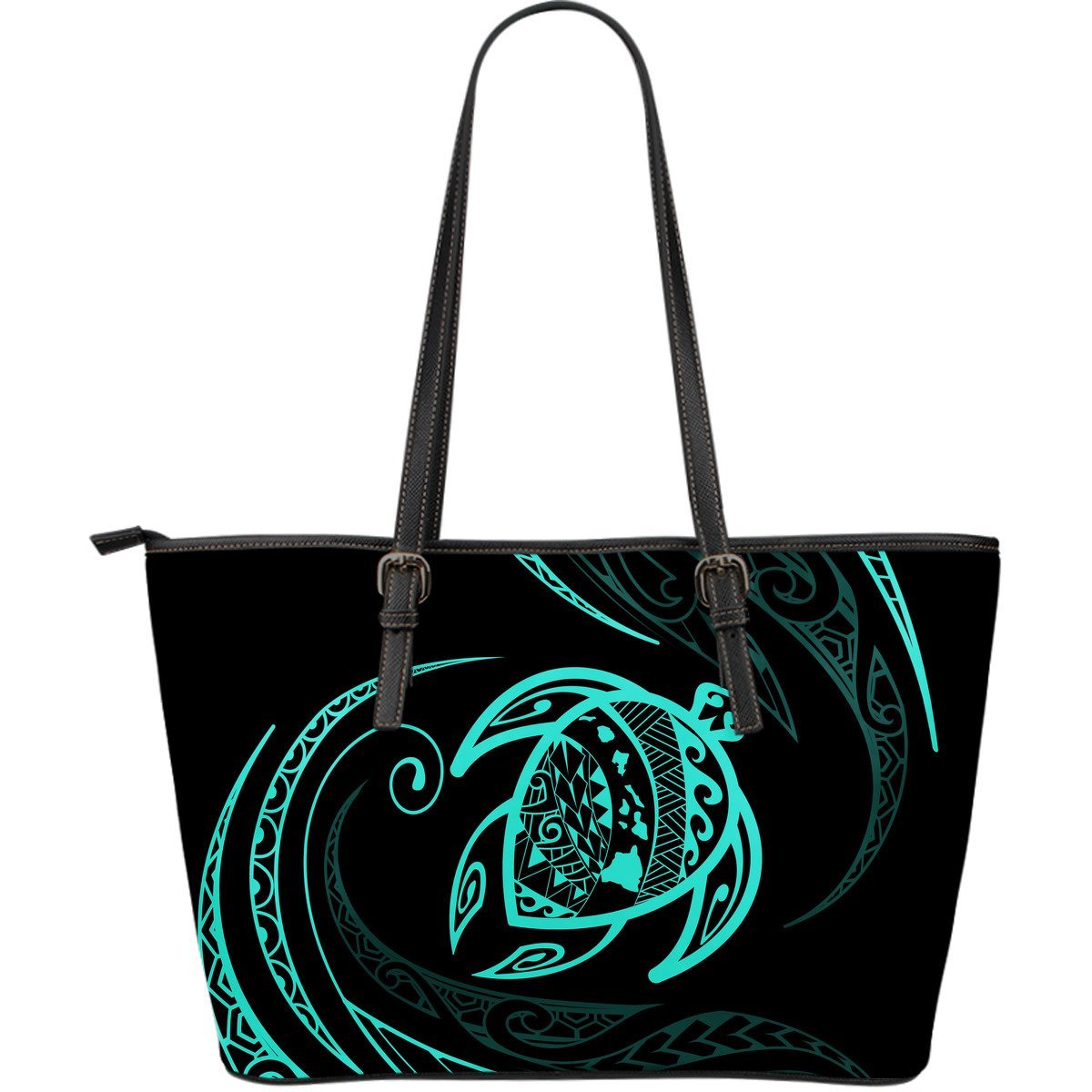 Hawaii Turtle Large Leather Tote - Turquoise - Frida Style Black - Polynesian Pride