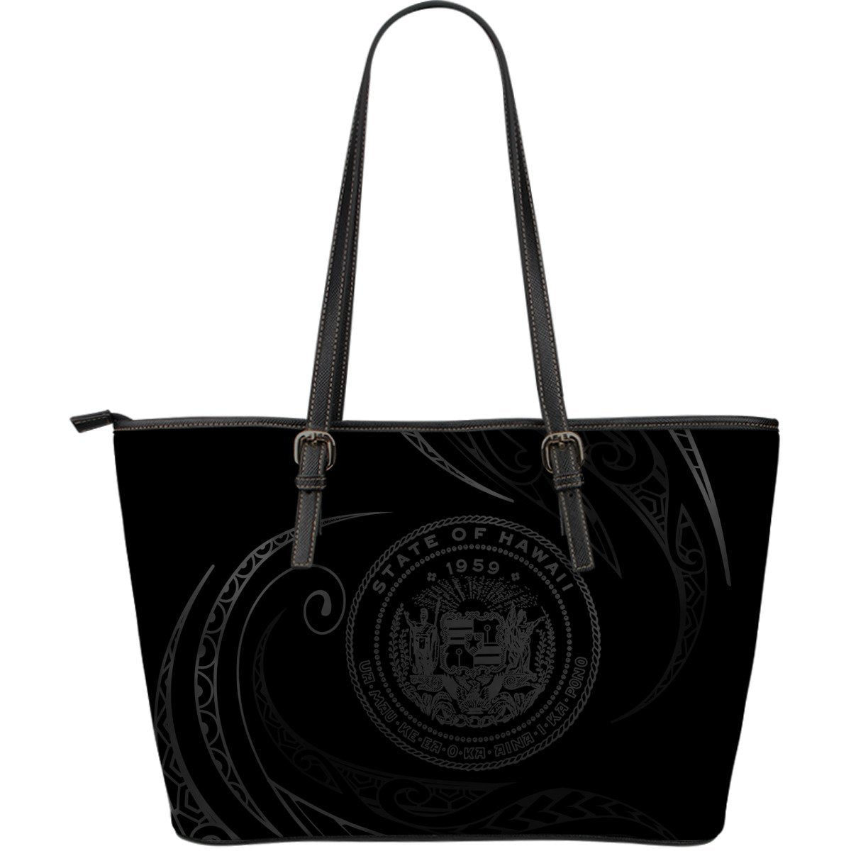 Hawaii Coat Of Arms Large Leather Tote - Gray - Frida Style Black - Polynesian Pride