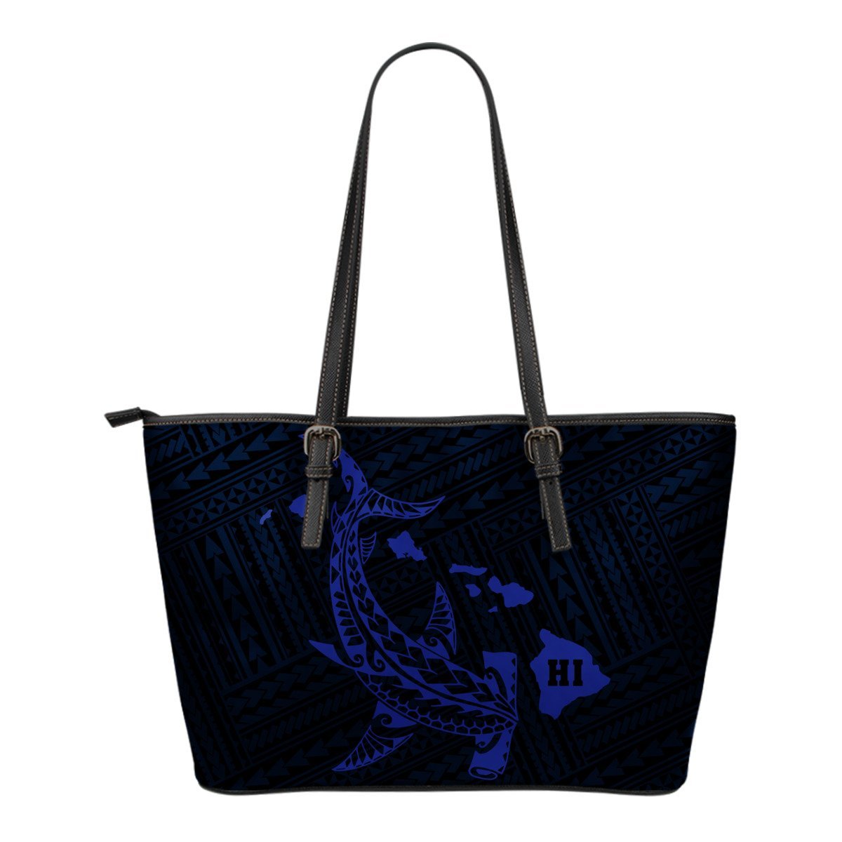 Hawaii Shark Blue Polynesian Small Leather Tote Blue - Polynesian Pride