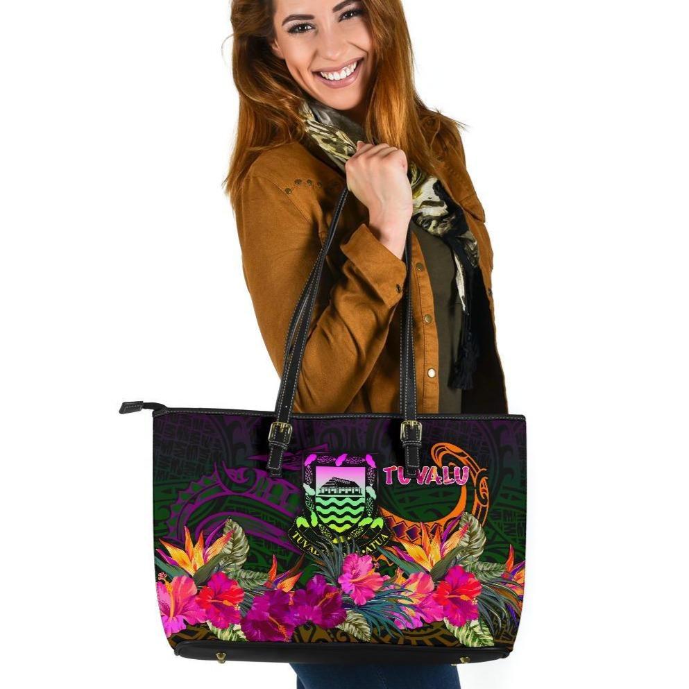 Tuvalu Large Leather Tote Bag - Summer Hibiscus Reggae - Polynesian Pride