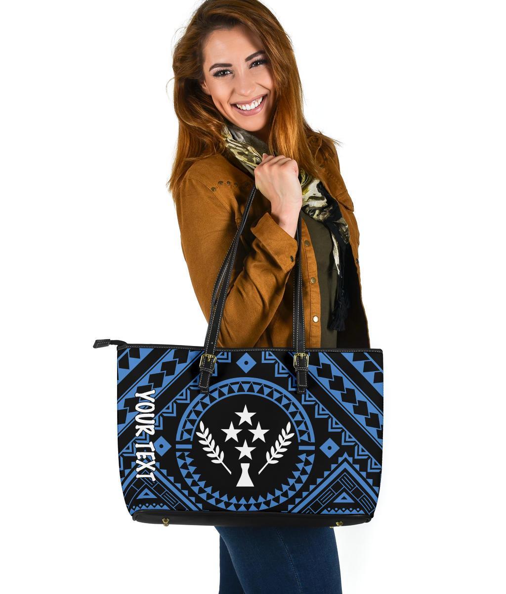 Kosrae Personalised Leather Tote Bag - Kosrae Flag In Polynesian Tattoo Style (Blue) Blue - Polynesian Pride