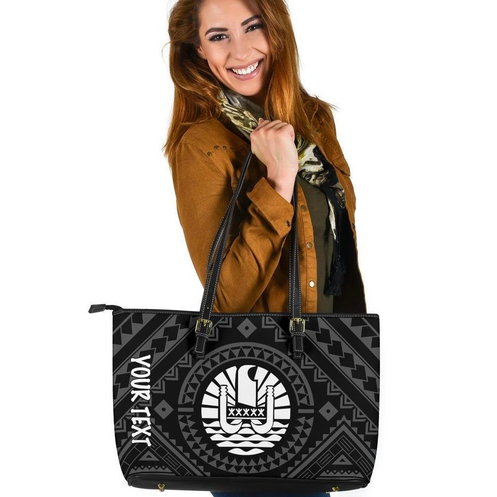 Tahiti Personalised Leather Tote Bag - Tahiti Seal In Polynesian Tattoo Style (Black) Black - Polynesian Pride