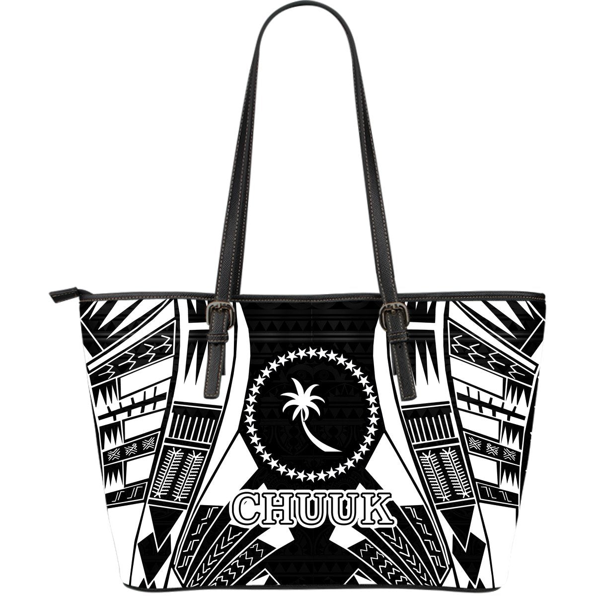 Chuuk Leather Tote Bag - Black White Tattoo Style Black - Polynesian Pride