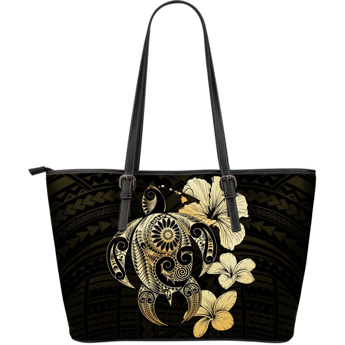 Hibiscus Plumeria Mix Polynesian Gold Turtle Large Leather Tote Gold - Polynesian Pride