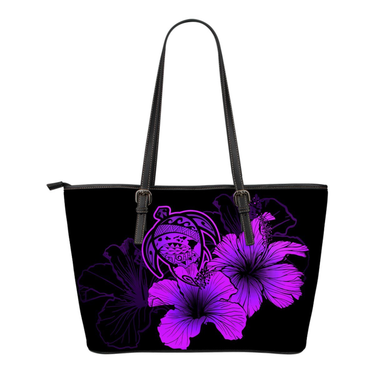 Hawaii Hibiscus Small Leather Tote Bag - Turtle Map - Purple Purple - Polynesian Pride