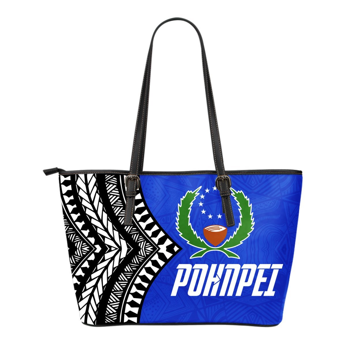 Pohnpei Flag Small Leather Tote Micronesian Pattern Blue - Polynesian Pride