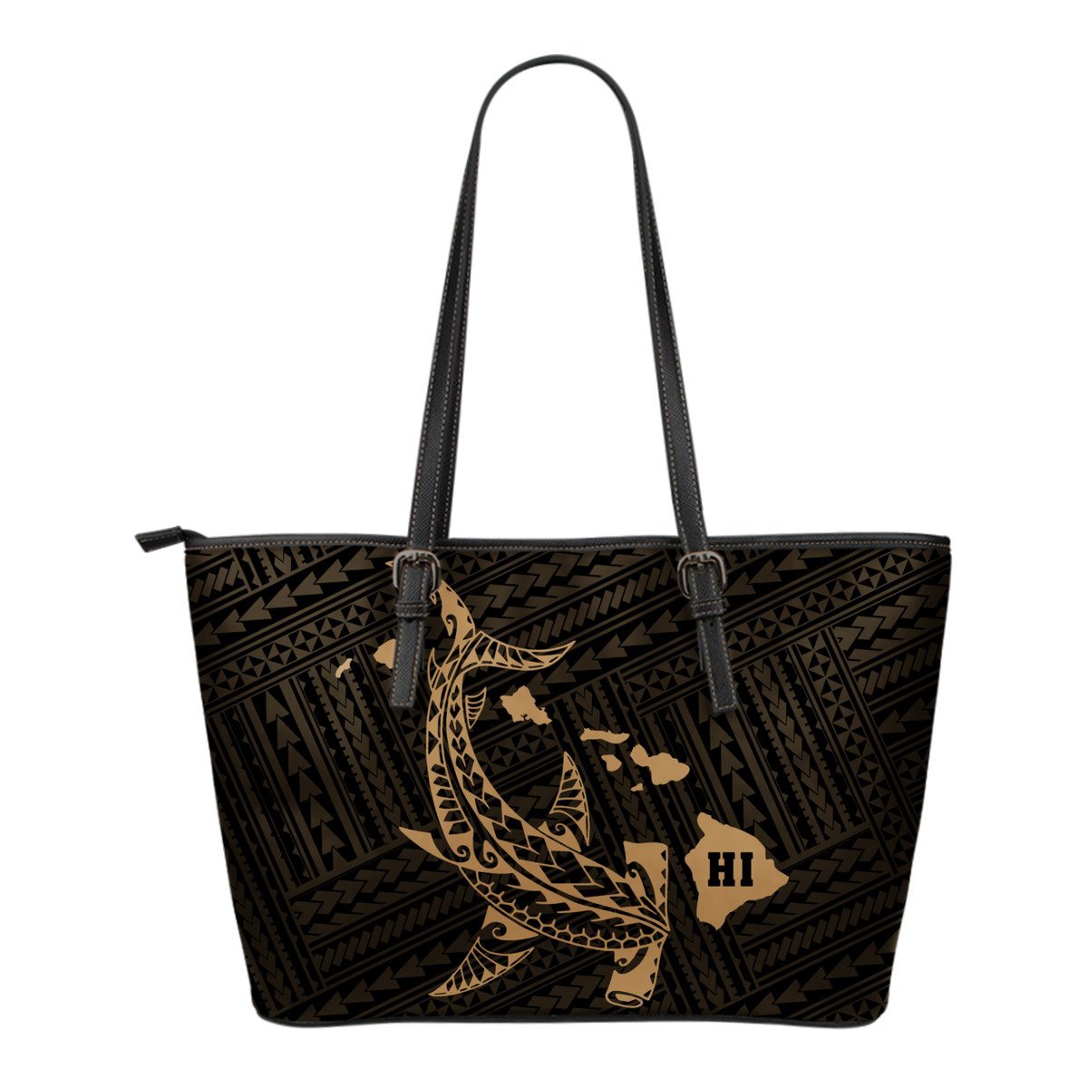 Hawaii Shark Gold Polynesian Small Leather Tote Gold - Polynesian Pride