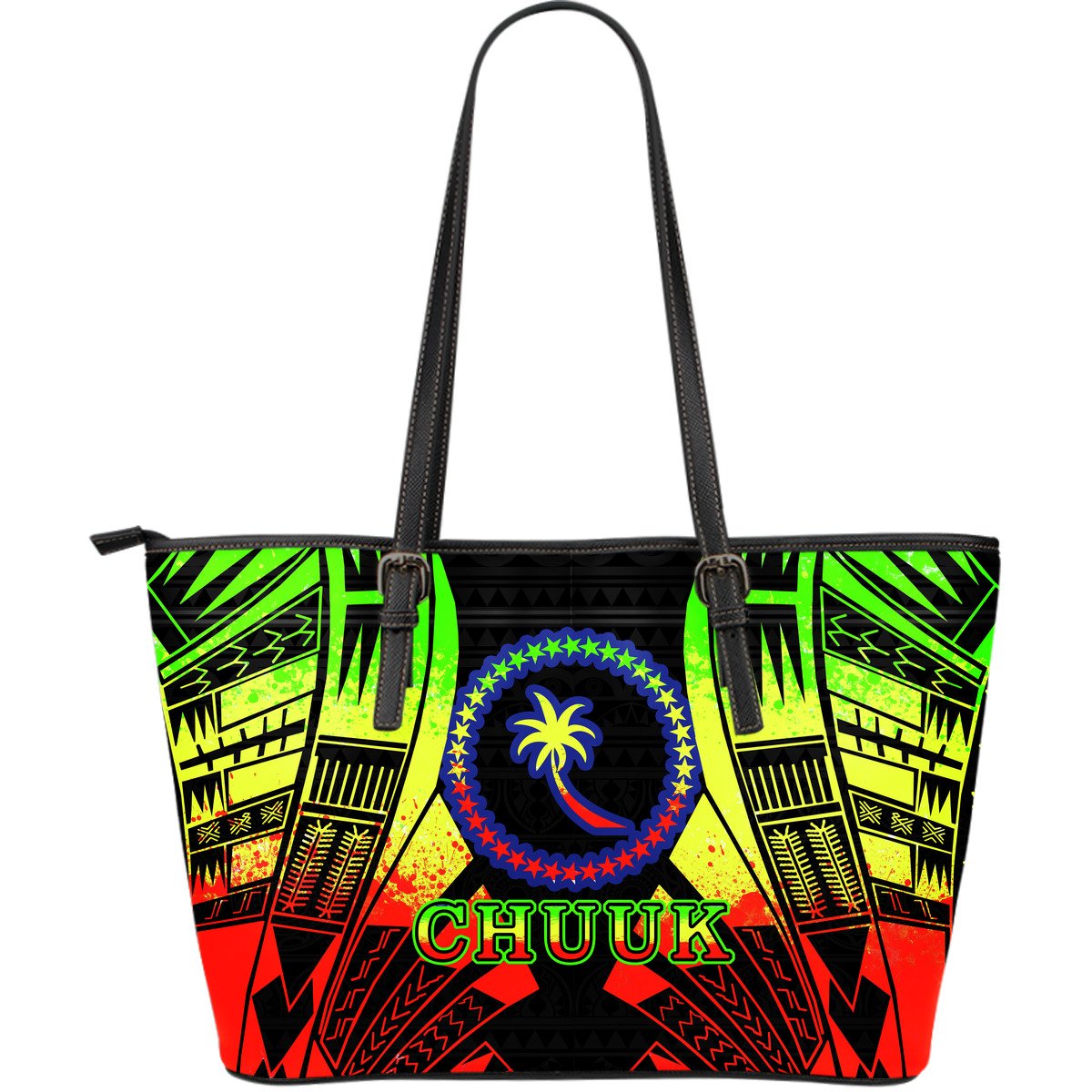 Chuuk Leather Tote Bag - Reggae Color Tattoo Style Black - Polynesian Pride