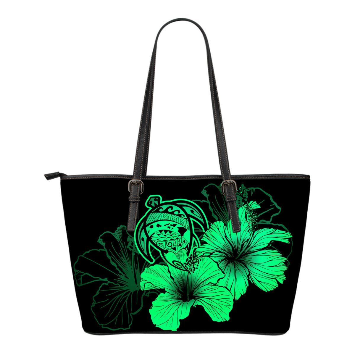 Hawaii Hibiscus Small Leather Tote Bag - Turtle Map - Pastel Green Green - Polynesian Pride