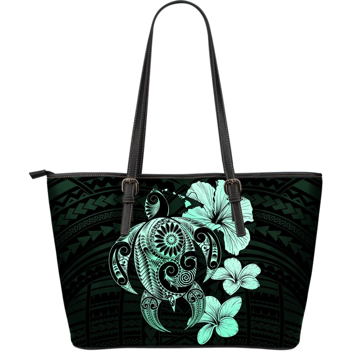 Hibiscus Plumeria Mix Polynesian Turquoise Turtle Large Leather Tote Turquoise - Polynesian Pride