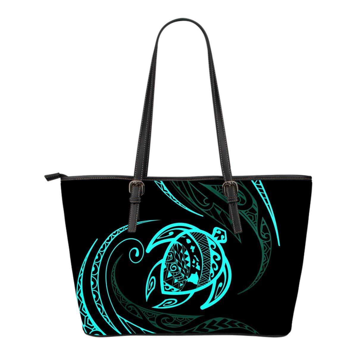 Hawaii Turtle Small Leather Tote - Turquoise - Frida Style Black - Polynesian Pride