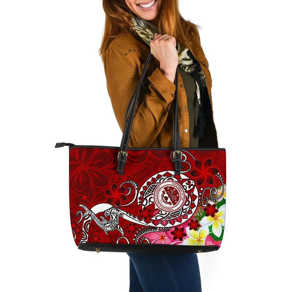 FSM Large Leather Tote Bag - Turtle Plumeria (Red) Red - Polynesian Pride