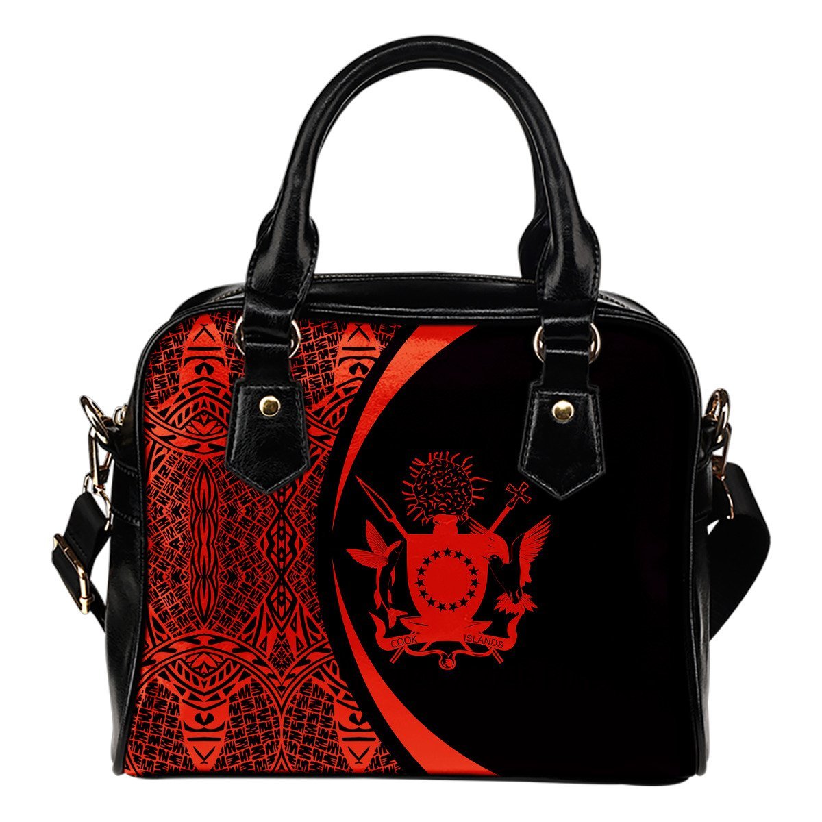 Cook Islands Coat Of Arms Polynesian Shoulder Handbag - Circle Style - 06 One Size Black And Red - Polynesian Pride