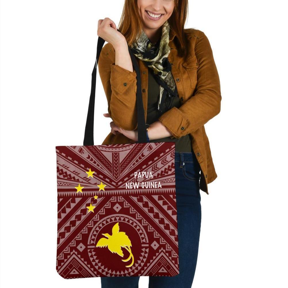 Papua New Guinea Tote Bags - Flag With Polynesian Patterns (Red) Tote Bag One Size Red - Polynesian Pride