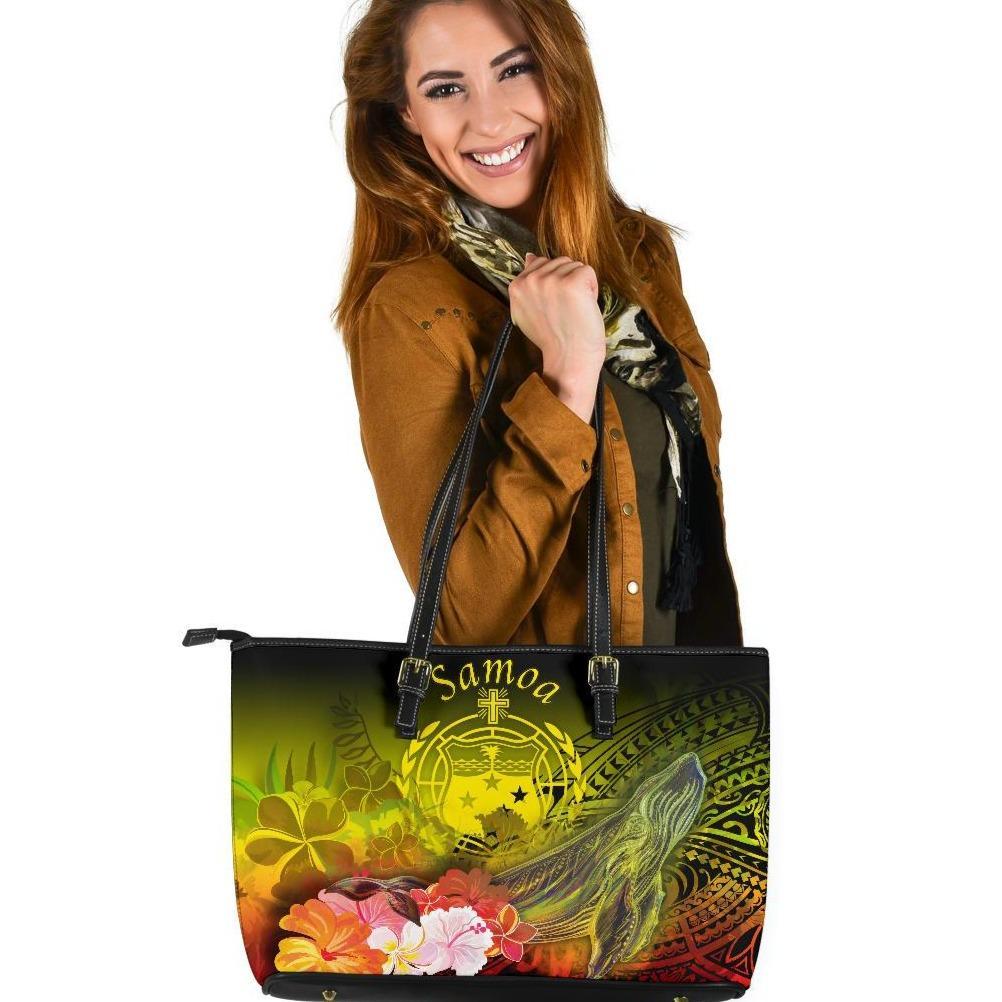 Samoa Leather Tote Bag - Humpback Whale with Tropical Flowers (Yellow) Yellow - Polynesian Pride