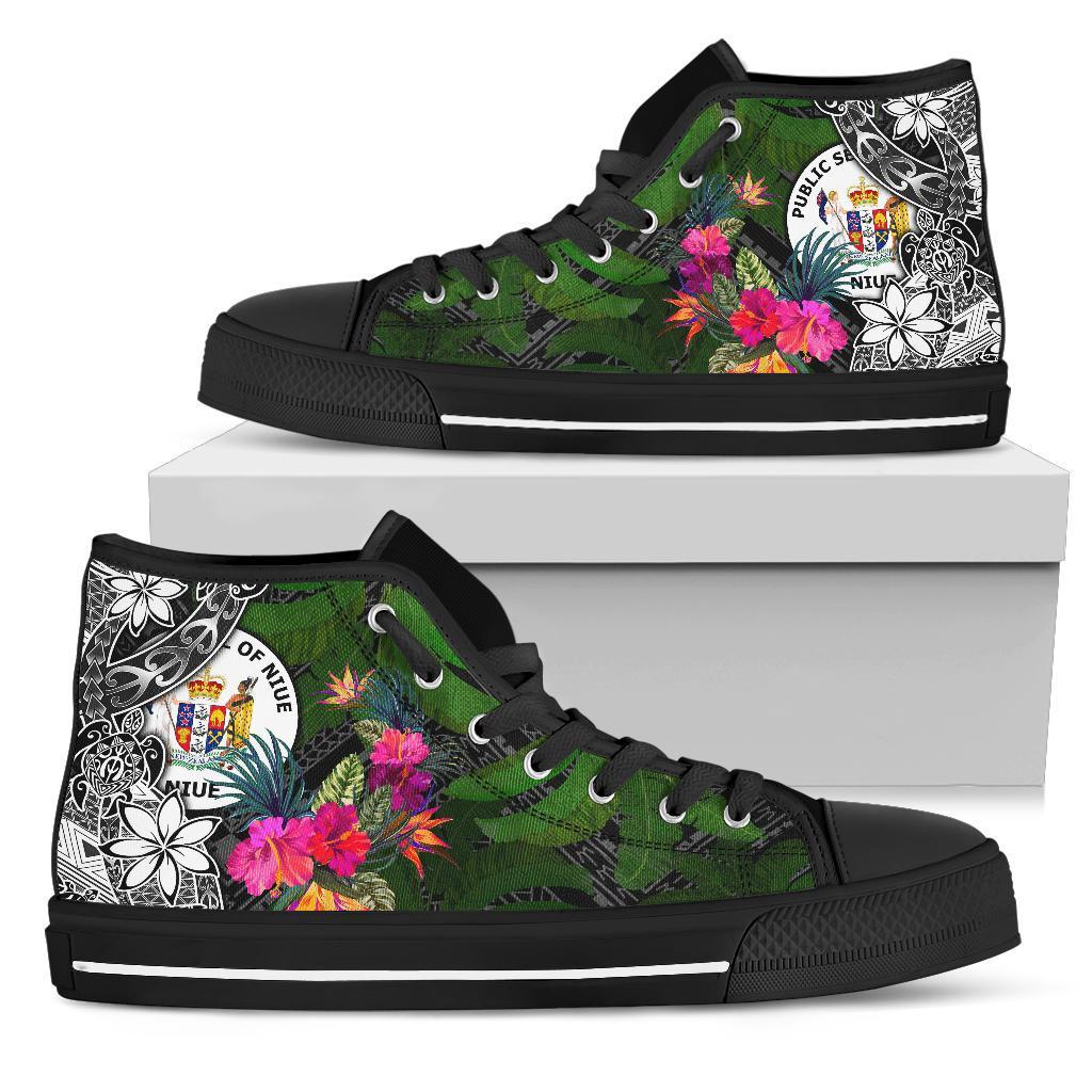 Niue High Top Shoes - Turtle Plumeria Banana Leaf Unisex Black - Polynesian Pride