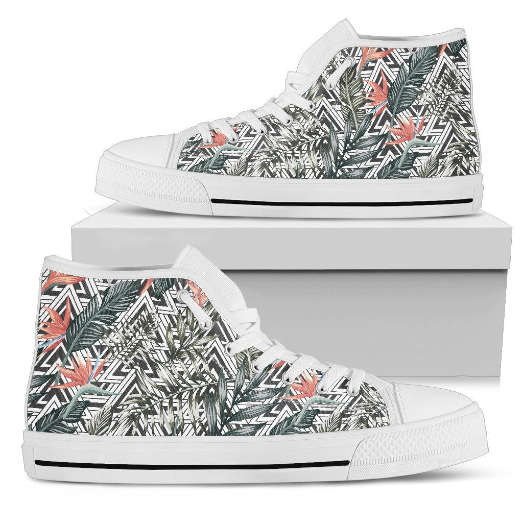 Hawaiian Shoes - Tropical Palm Leaves And Flowers High Top Shoes Womens High Top White - Polynesian Pride
