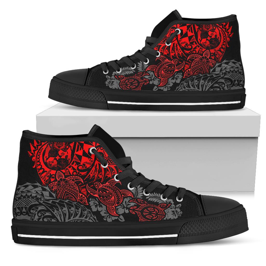 Tonga Polynesian High Top Shoes - Red Turtle Flowing Unisex Black - Polynesian Pride