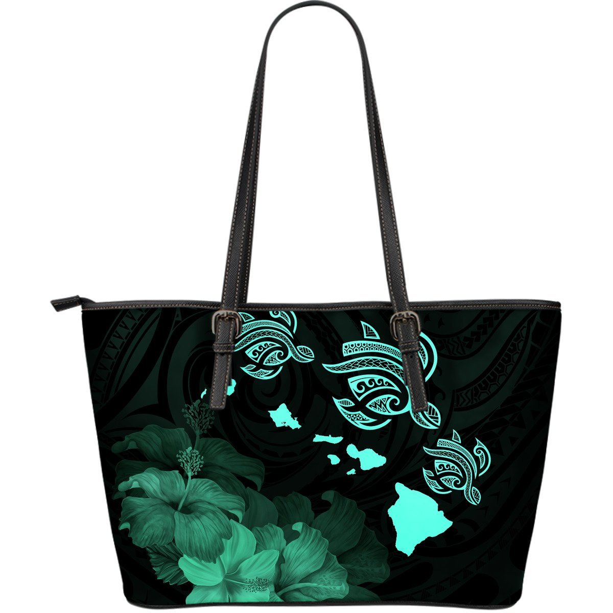 Hawaii Hibiscus Map Polynesian Ancient Turquoise Turtle Large Leather Tote Turquoise - Polynesian Pride