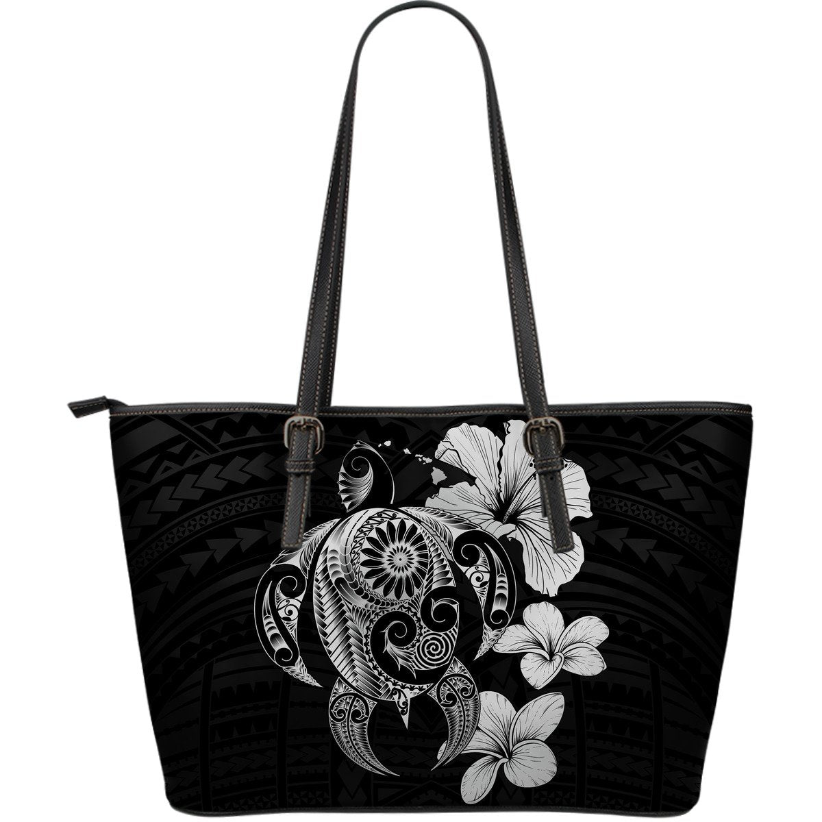 Hibiscus Plumeria Mix Polynesian Gray Turtle Large Leather Tote Gray - Polynesian Pride