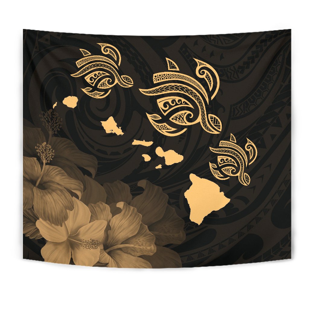 Hawaii Turtle Hibiscus Map Polynesian Blur Tapestry Wall Tapestry Black - Polynesian Pride