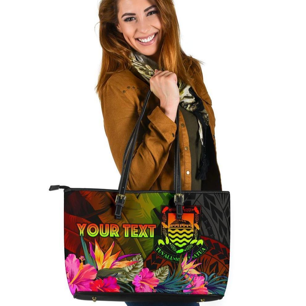 Tuvalu Polynesian Personalised Large Leather Tote Bag - Hibiscus and Banana Leaves Reggae - Polynesian Pride