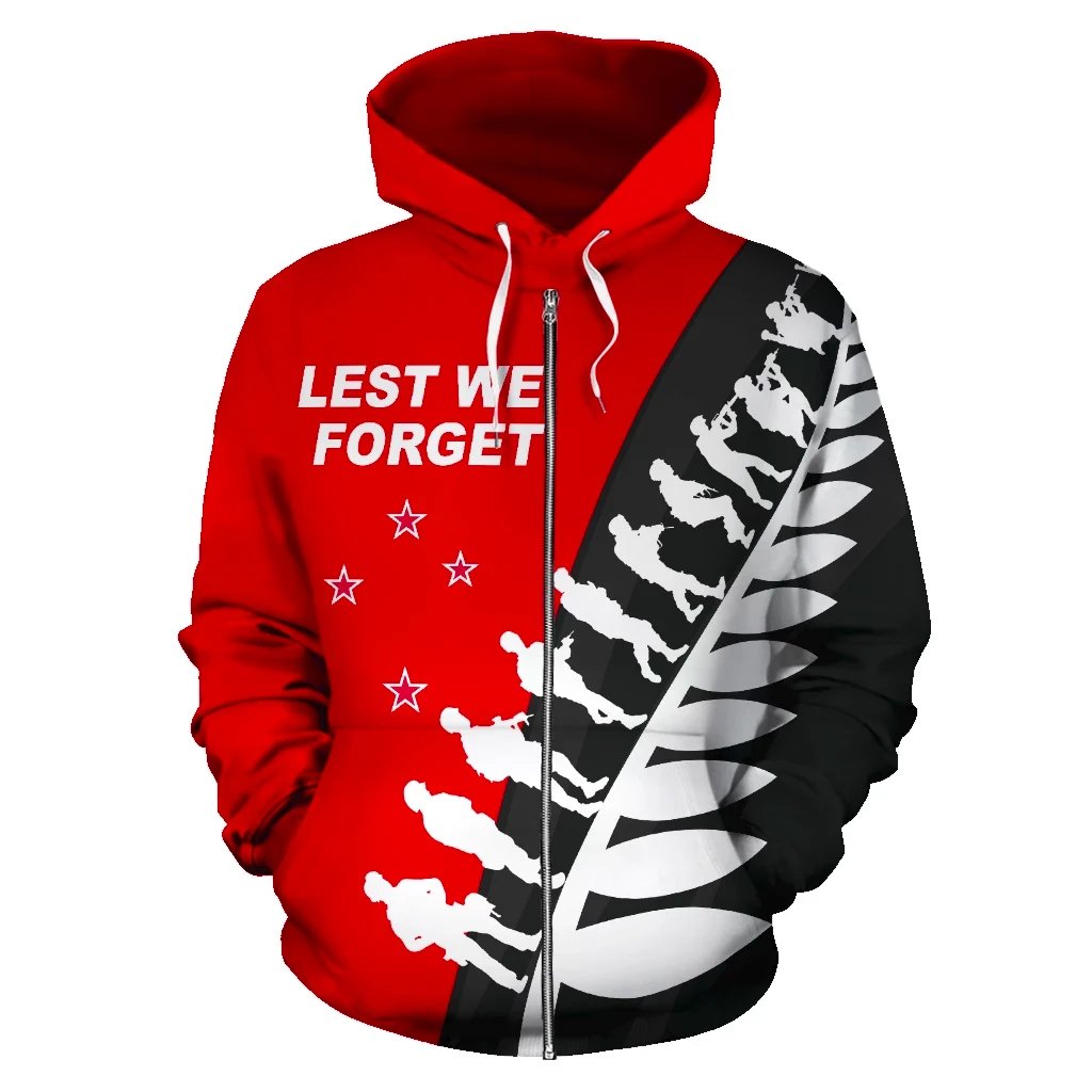 Lest We Forget Zipper Hoodie, Maori ANZAC Fern Zip up Hoodie Red Unisex Red - Polynesian Pride