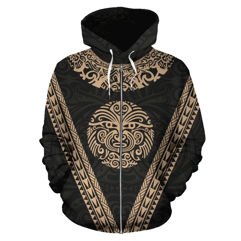 Maori Moko Tattoo Zip up Hoodie Golden Unisex Gold - Polynesian Pride