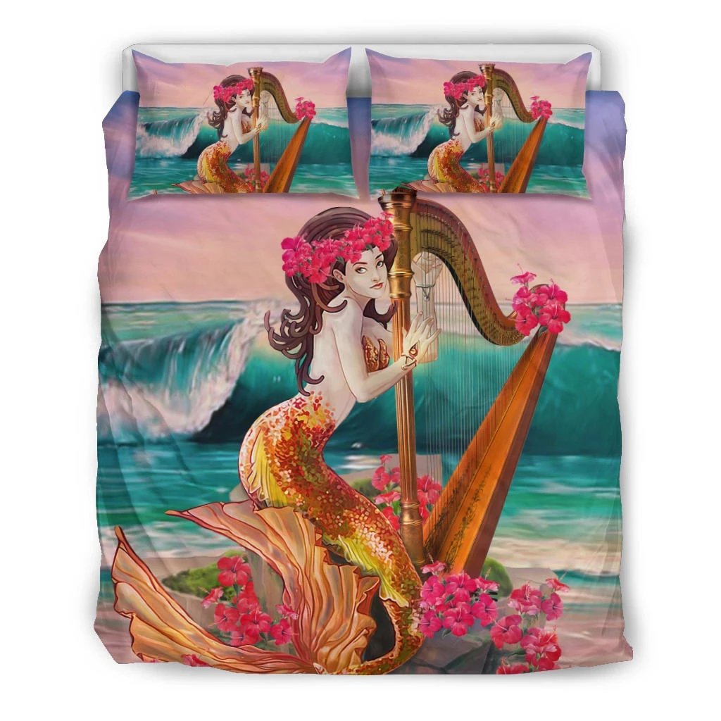 Hawaiian Mermaid Plays Harp On Sea Polynesian Bedding Set Black - Polynesian Pride