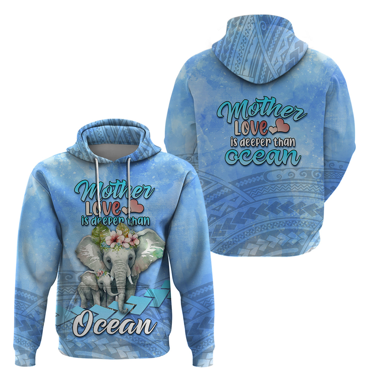 Mothers Day Elephant Watercolor Style Mix Polynesian Pattern Hoodie TS07 Blue - Polynesian Pride