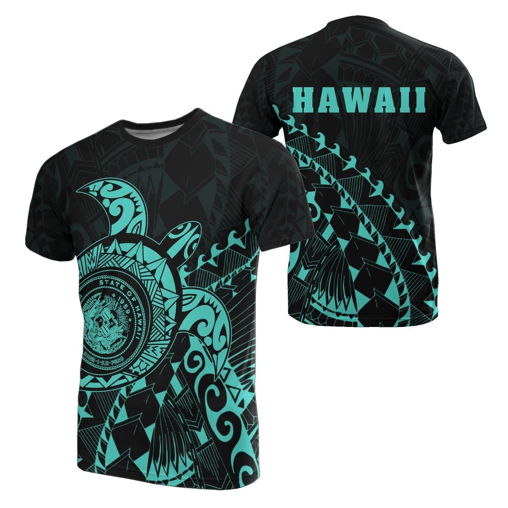 Hawaii Coat of Arms T Shirt ( Turquoise) Turtle Style Unisex White - Polynesian Pride