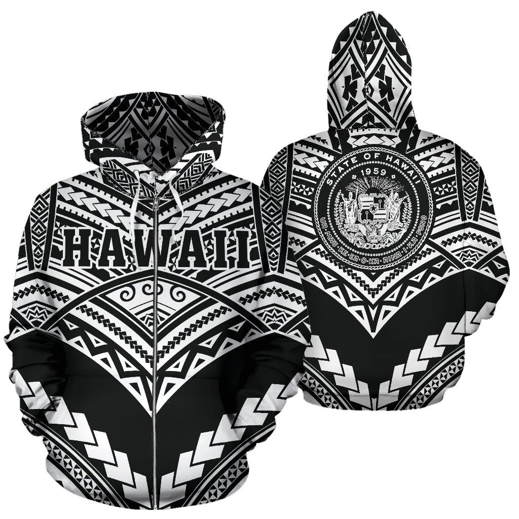 Hawaii Polynesian Zip up Hoodie Tribal New Warrior Style White Color Unisex White - Polynesian Pride
