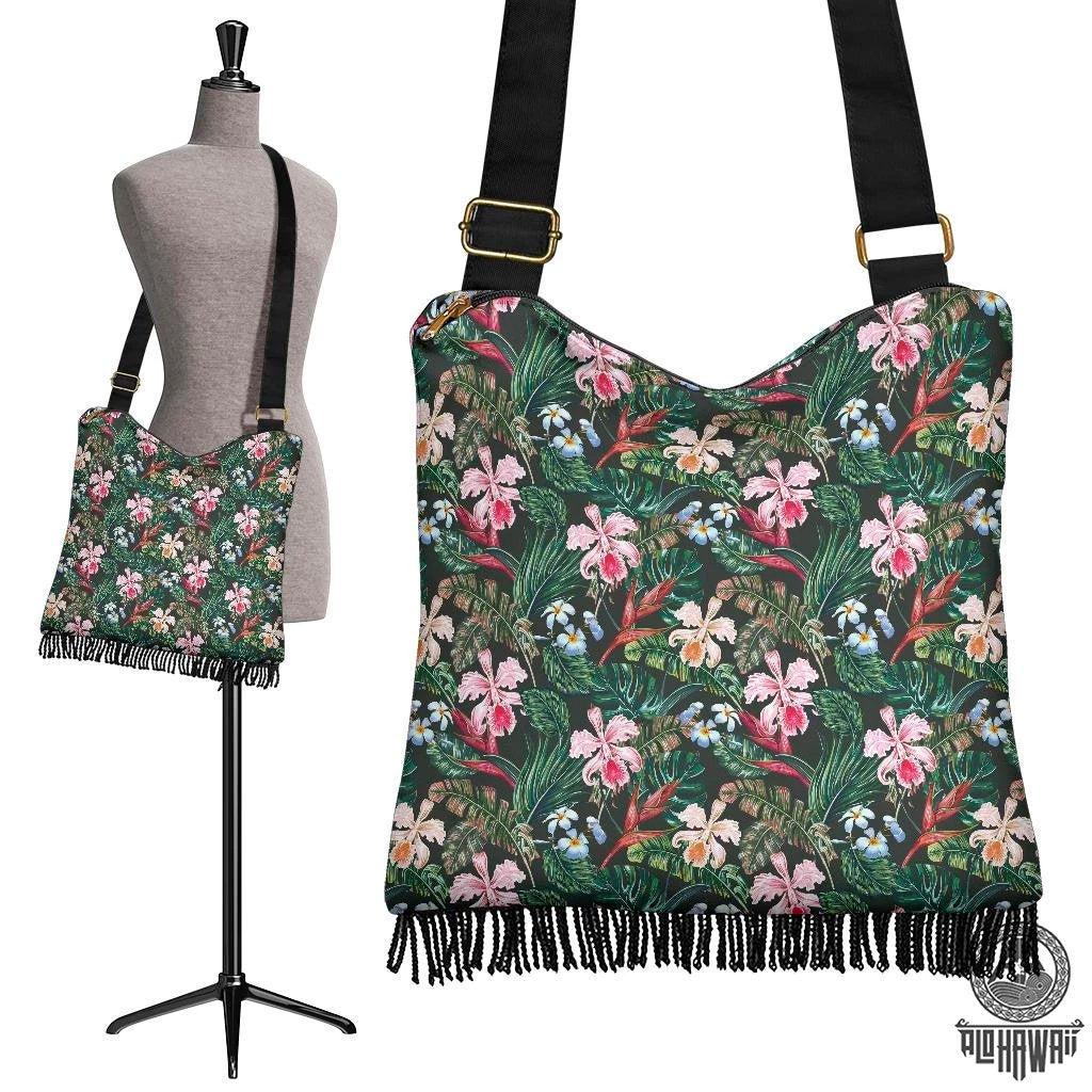 Hawaii Tropical Monstera Leaf Red Crossbody Boho Handbag Crossbody Boho Handbag One Size Green - Polynesian Pride