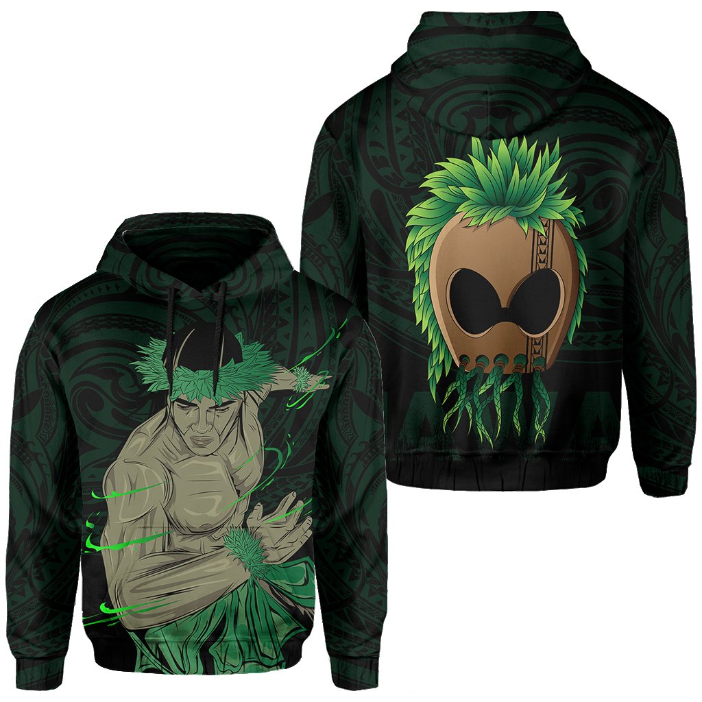 Polynesian Hula Man Helmet Hawaii Hoodie Green Unisex Green - Polynesian Pride