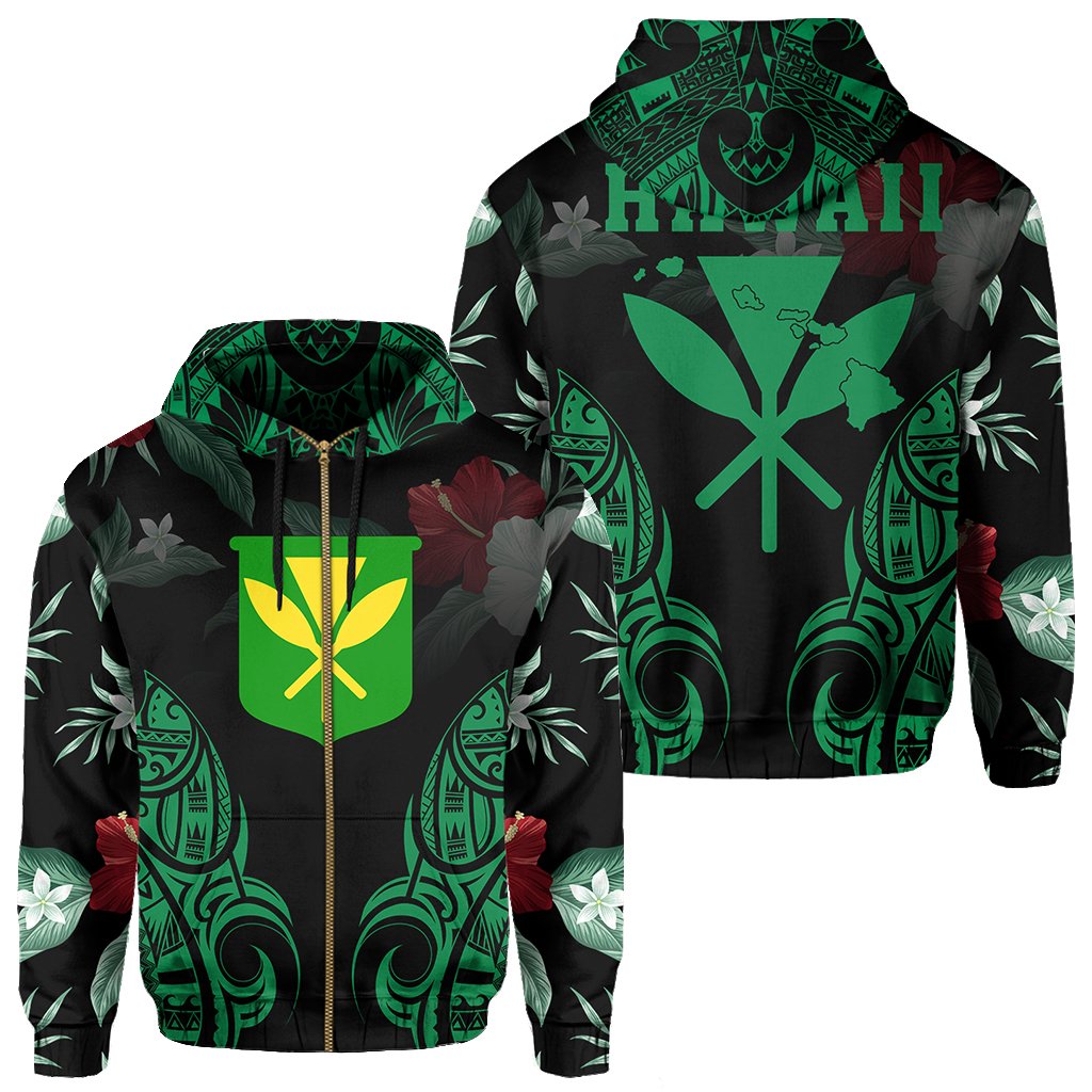 Polynesian Tropic Kanaka Maoli Hibiscus Hawaii Zip Hoodie Green Unisex Green - Polynesian Pride