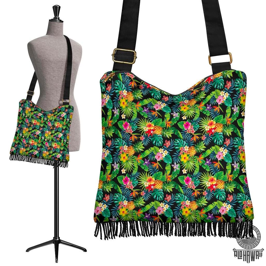 Hawaii Tropical Pattern With Pineapples, Palm Leaves And Flowers. Crossbody Boho Handbag Crossbody Boho Handbag One Size Green - Polynesian Pride