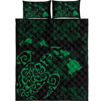 Hawaii Quilt Bed Set - Turtle Hibiscus Map Green Quilt Bed Set Black - Polynesian Pride