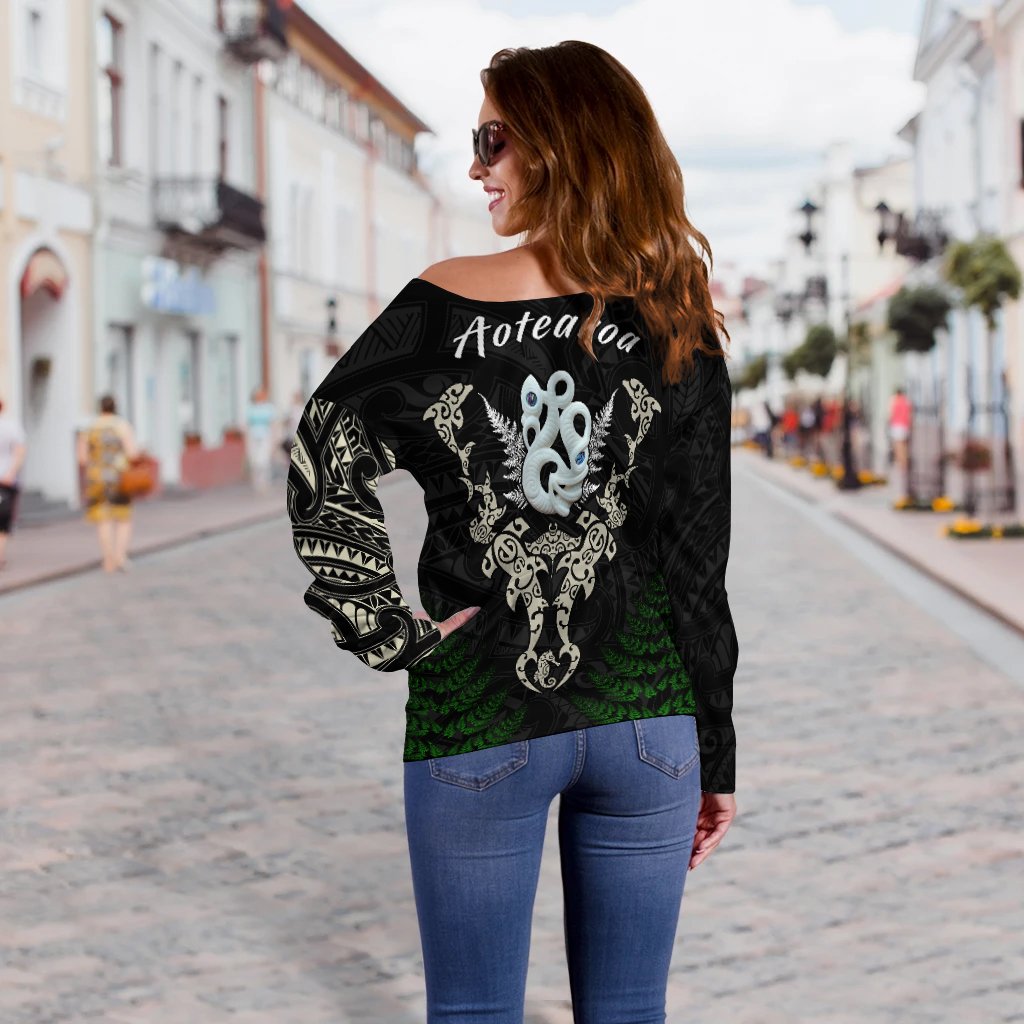Aotearoa Fern Off Shoulder Sweater Maori Manaia and Fish LT13 - Polynesian Pride