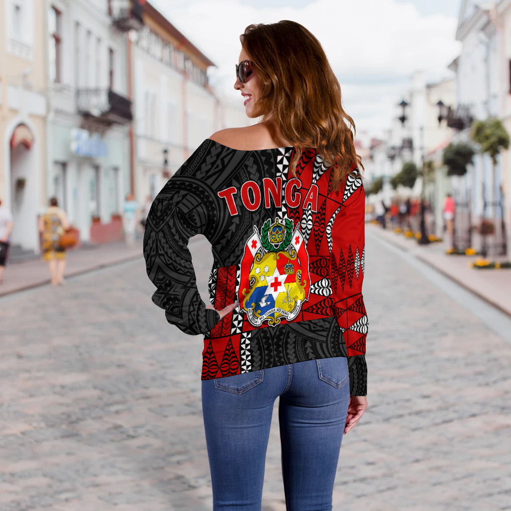 Tonga Off Shoulder Sweater Tongan Pattern Mix Polynesian LT13 - Polynesian Pride