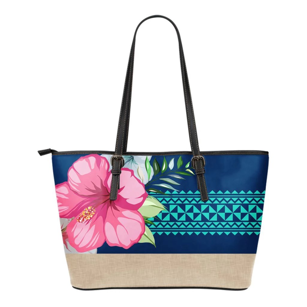 Hawaii Hibiscus Blue Small Leather Tote Blue - Polynesian Pride