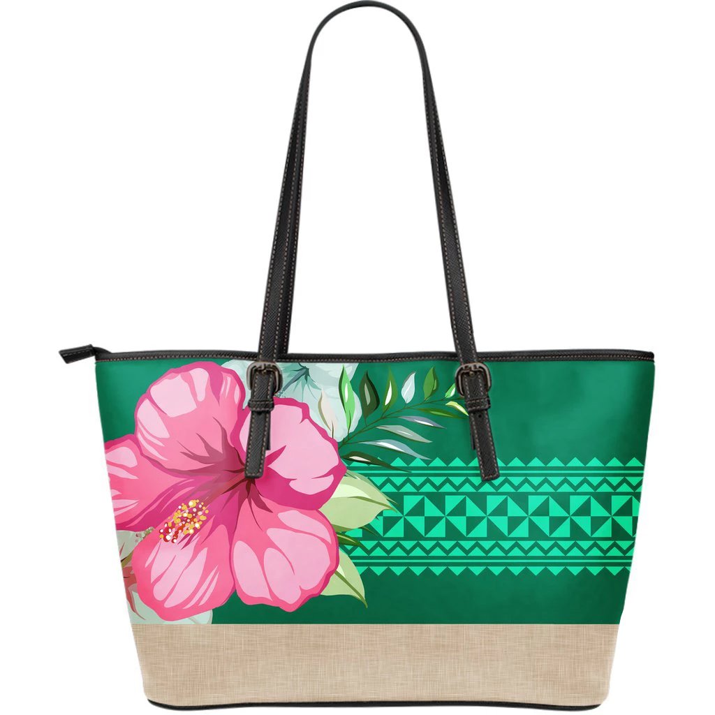 Hawaii Hibiscus Green Large Leather Tote Green - Polynesian Pride