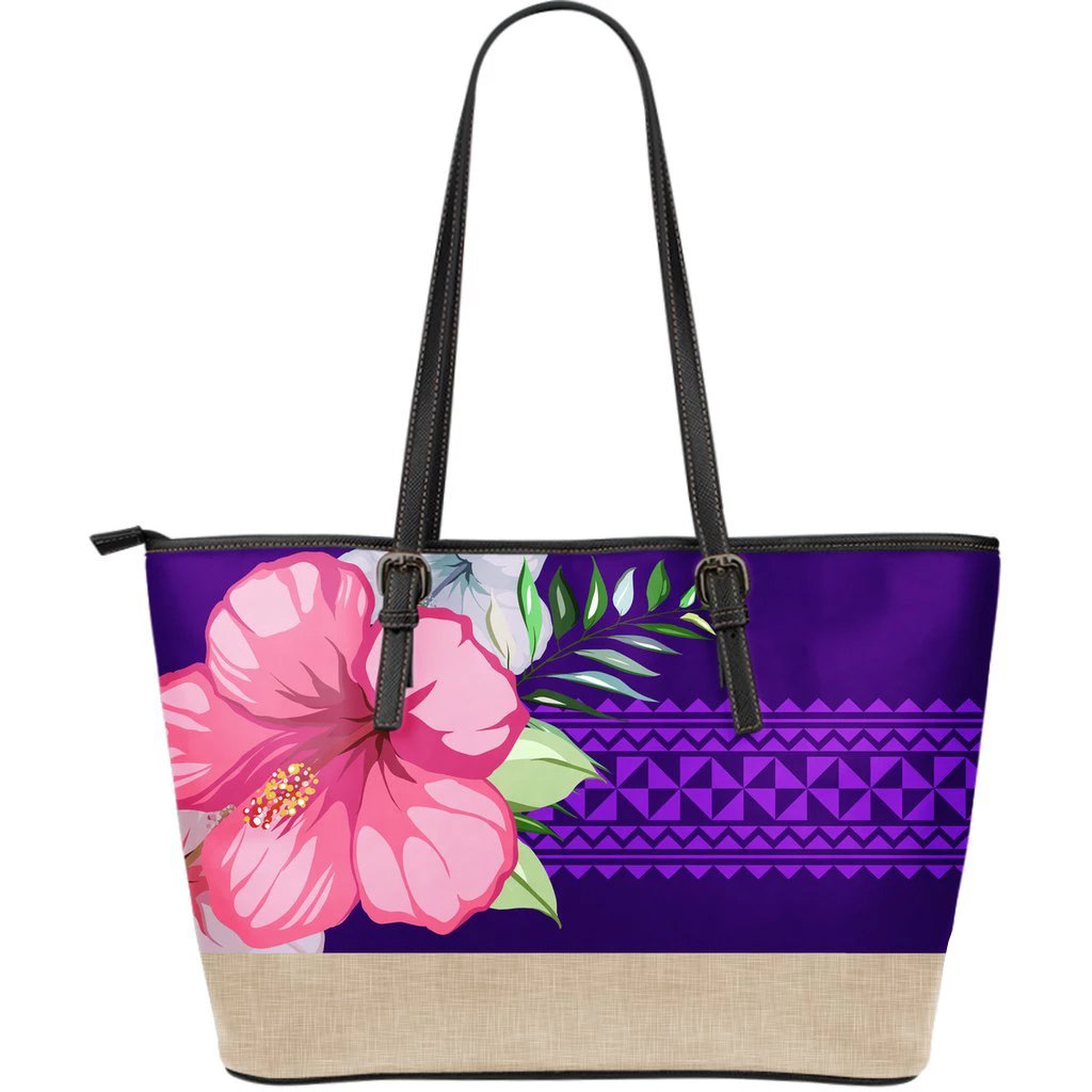 Hawaii Hibiscus Purple Large Leather Tote Purple - Polynesian Pride