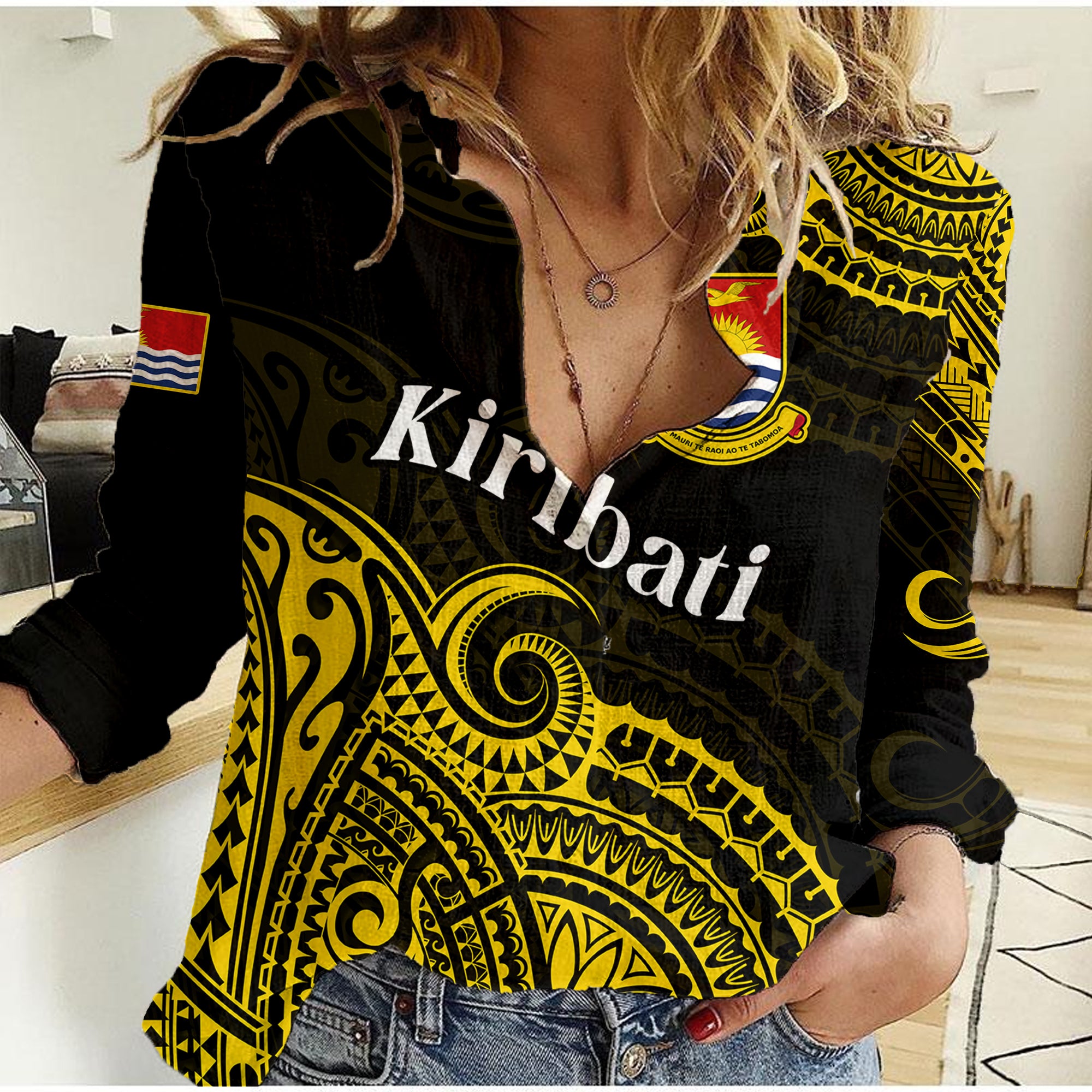 (Custom Personalised) Ribaberiki Kiribati Coat Of Arms Mix Yellow Polynesian Women Casual Shirt LT14 Female Yellow - Polynesian Pride