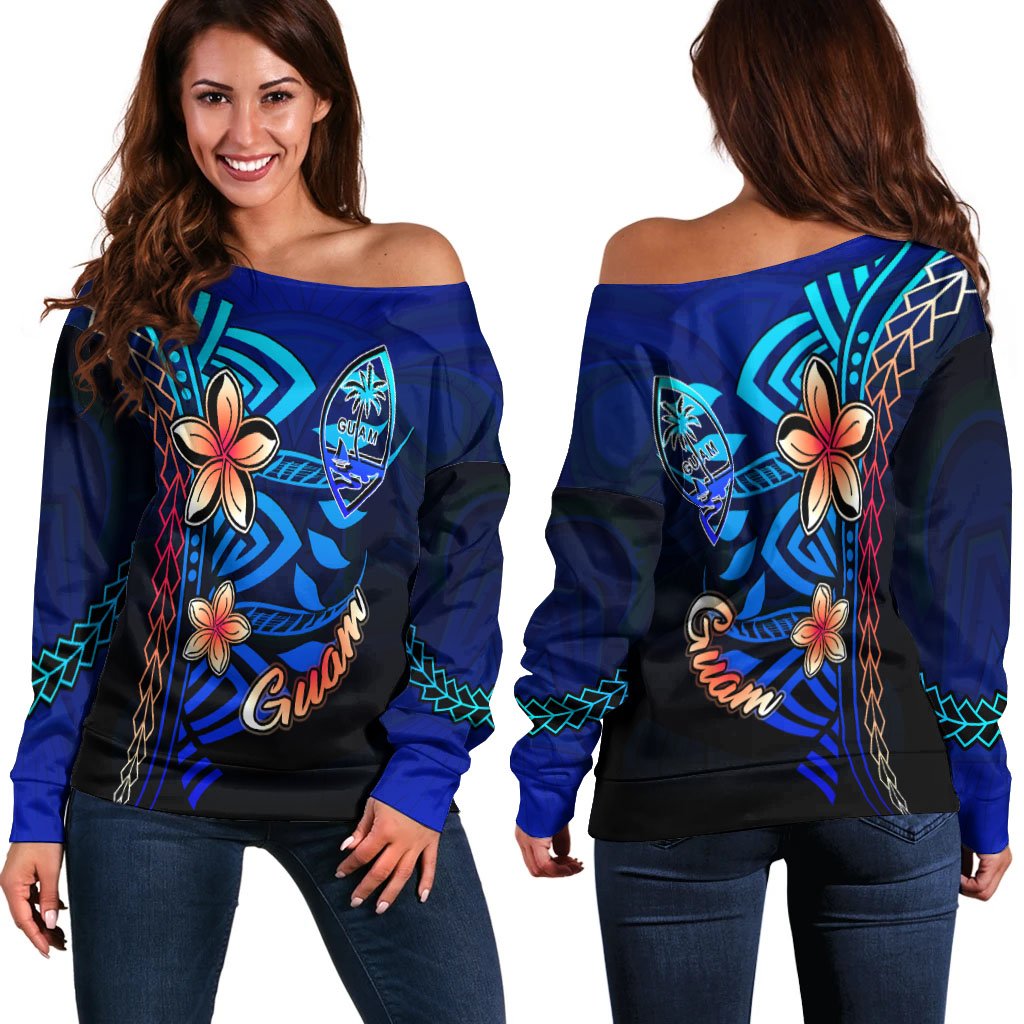 Guam Women's Off Shoulder Sweater - Vintage Tribal Mountain Blue - Polynesian Pride