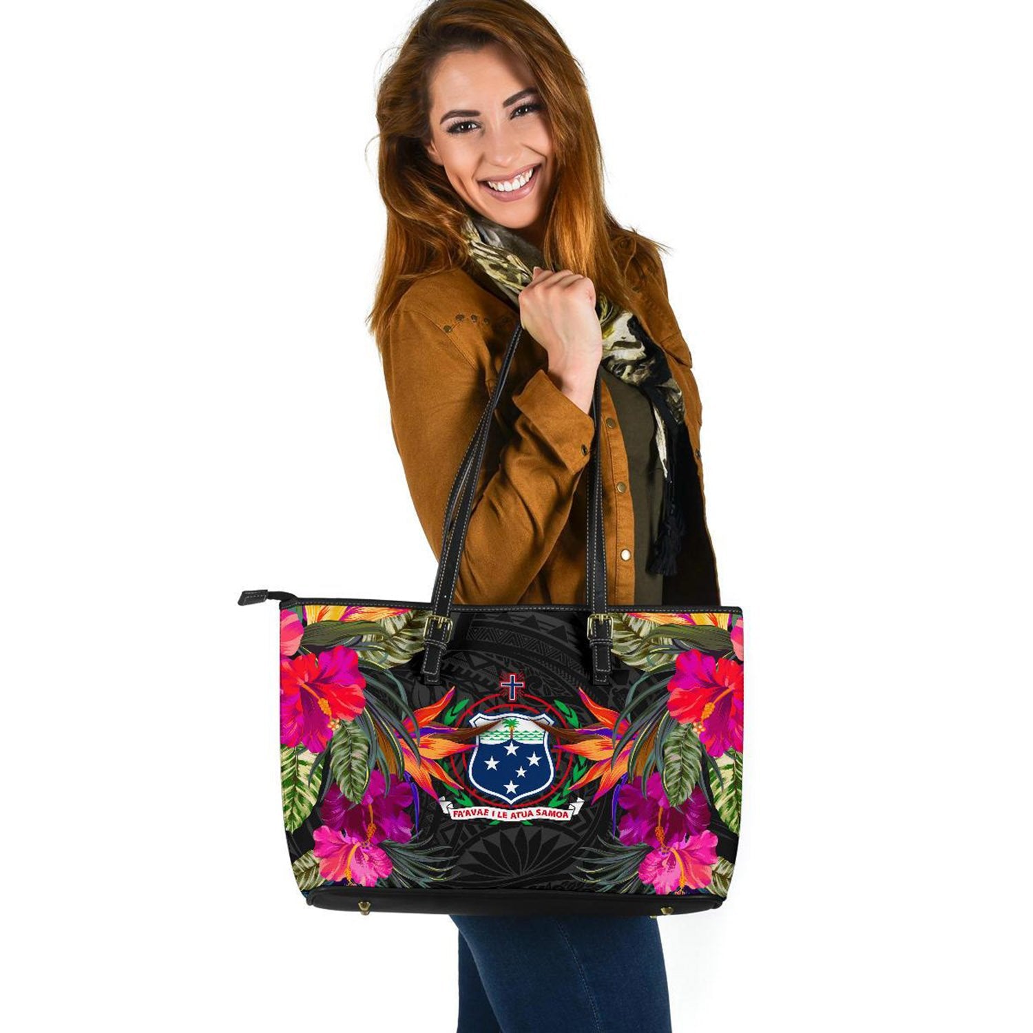 Samoa Large Leather Tote - Polynesian Hibiscus Pattern Black - Polynesian Pride