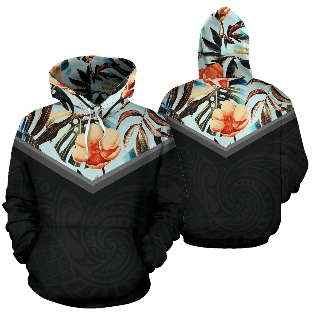 Hawaiian Pattern Vintage Hoodie Flower Unisex Black - Polynesian Pride
